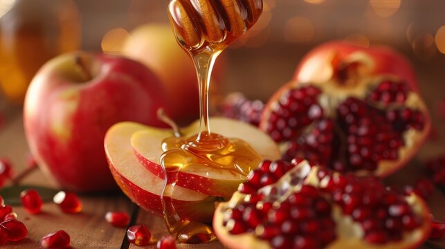Pouring honey on apple and pomegranate with honey