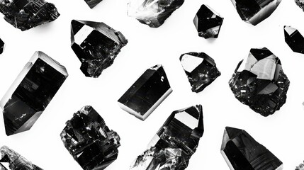 black and white image of black quartz crystals on a plain background, scattered in various shapes and sizes