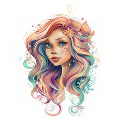 Vector illustration head portrait of a beautiful mermaid. Cartoon character.
