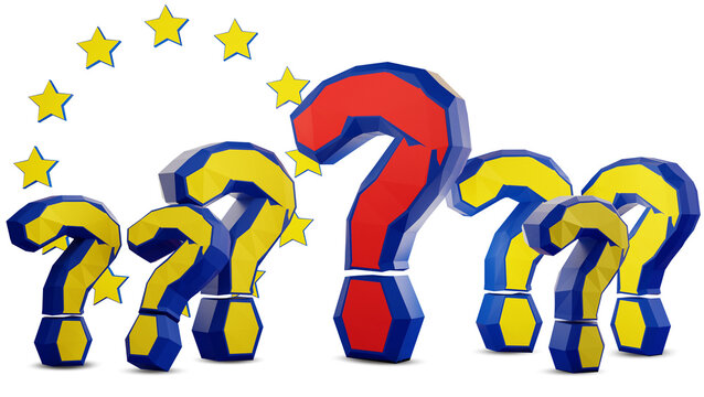 question marks as questions in the colors of the flag of Europe EU, european support service and FAQ, a red quesiton mark in middle, yellow stars 3d-illustration
