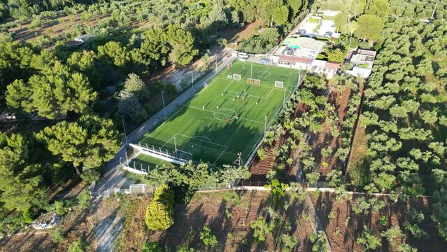 campo da calcio in erba sintetico in una campagna visto dall'alto