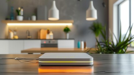 modern wifi router device with glowing wireless signal in contemporary home interior