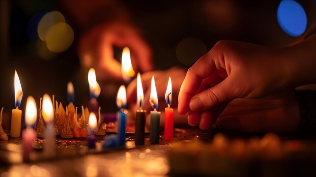 5. Hands lighting the Hanukkah candles one by one, symbolizing the eight nights of celebration and remembrance