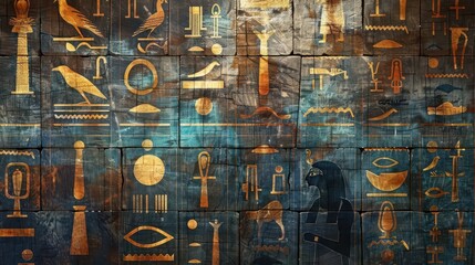 Fototapeta premium mysterious ancient egyptian hieroglyphs on stone wall historic archeology concept illustration