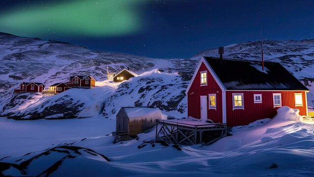 Greenland Nuuk Aurora Above Fishing Village Loop