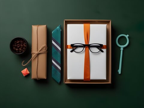 Happy Fathers Day greeting card template. Flat lay composition with gift box, coffee cup, tie, glasses on green background