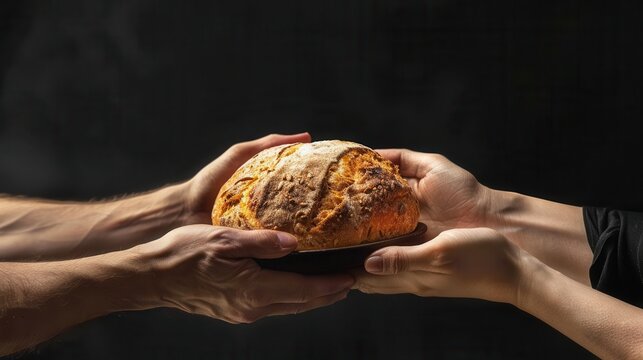 photorealistic human hands sharing bread in communion on black religious concept