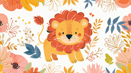 Cute cartoon lion with colorful floral pattern background vector illustration
