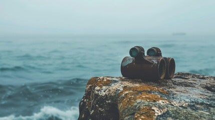 A pair of binoculars rests on a sturdy rock overlooking the ocean, where wind waves crash against the rocky shores and liquid water meets solid bedrock AIG50