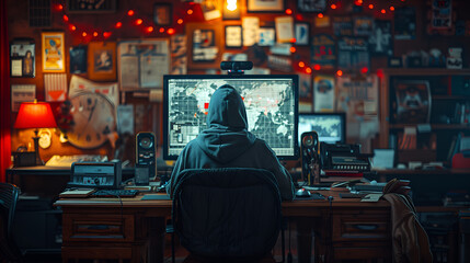 Fototapeta premium The Dark World of Hackers: Data Security Threats and Cybersecurity Challenges in a Digital Age, showcasing the dangers and complexity of modern cybercrime.
