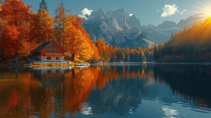 Autumnal Cabin by the Mountain Lake