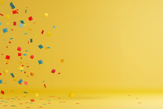 Colorful confetti falling on a yellow background. Perfect for celebration, party, and festive designs.