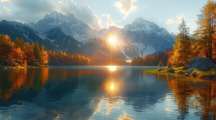Obraz premium Autumn Sunset Over a Mountain Lake