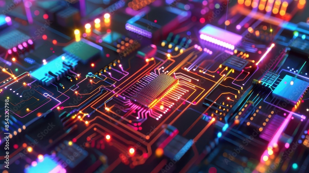 Wall mural quantum computing revolution futuristic holographic display of qubits and circuits in vivid colors 3