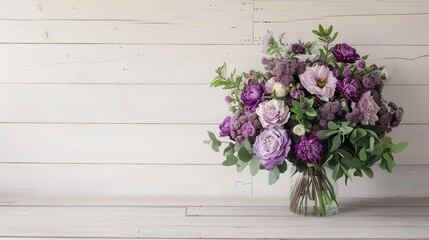 purple and green floral bouquet against white wooden wall beautiful artistic composition with copy space