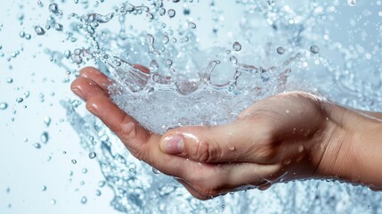 Fototapeta premium refreshing water pouring on outstretched hand morning cleansing ritual on white background