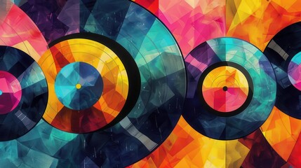 retro 70s and 80s inspired abstract record collection with vibrant colors digital painting