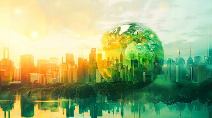 Obraz premium A vibrant cityscape with a superimposed Earth globe, representing global connection, sustainability, and modern urban life at sunrise.