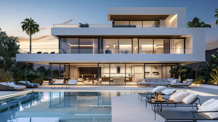 Fototapeta premium Modern villa with pool and outdoor seating in tropical setting