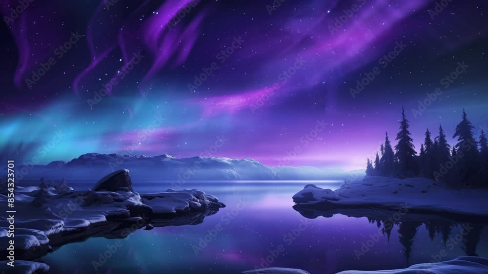 Wall mural north pole aurora above trees reflections on water loop