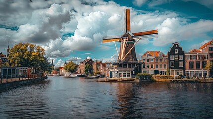 Fototapeta premium Traditional windmill over water with reflection