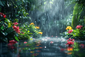 A garden refreshed by a gentle drizzle, with vibrant greenery. Concept of nature's rejuvenation and the importance of rain. Generative Ai.