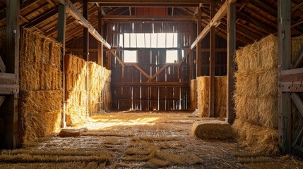 Interior view of barn house with hay bale in farm.