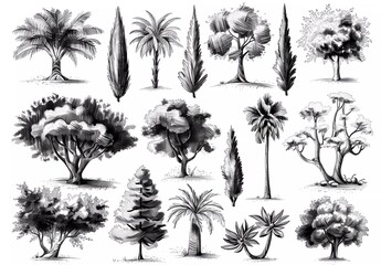 Collection of hand drawn vector trees and plants,