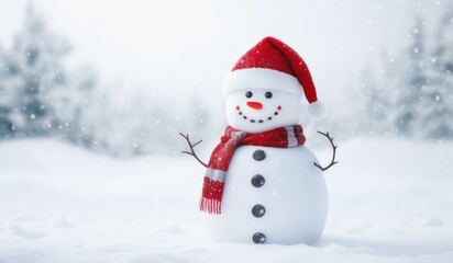 Fototapeta premium snowman with red hat and red scarf
