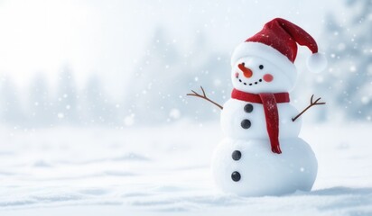 Fototapeta premium snowman with red hat and red scarf