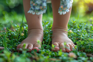 A baby enjoying the sensation of grass beneath their feet. Concept of outdoor exploration and sensory experiences. Generative Ai.