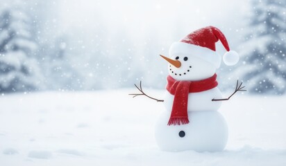 Fototapeta premium snowman with red hat and red scarf