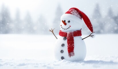 Fototapeta premium snowman with red hat and red scarf