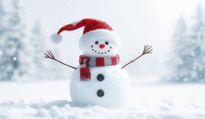 Fototapeta premium snowman with red hat and red scarf