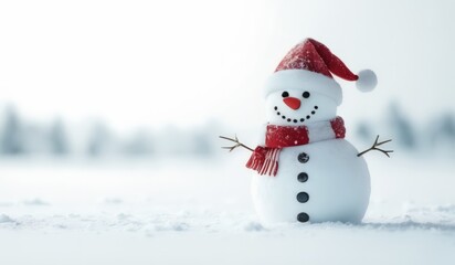 Fototapeta premium snowman with red hat and red scarf