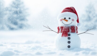 Fototapeta premium snowman with red hat and red scarf