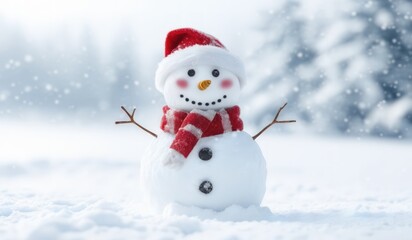 Fototapeta premium snowman with red hat and red scarf