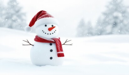 Fototapeta premium snowman with red hat and red scarf