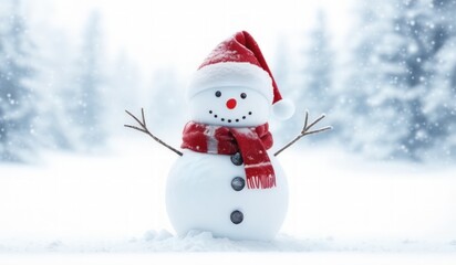 Fototapeta premium snowman with red hat and red scarf