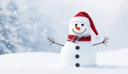 Fototapeta premium snowman with red hat and red scarf