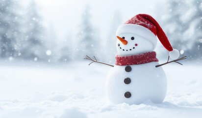 Fototapeta premium snowman with red hat and red scarf
