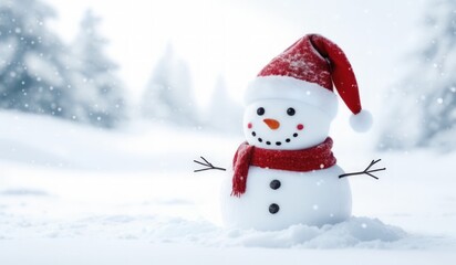 Fototapeta premium snowman with red hat and red scarf