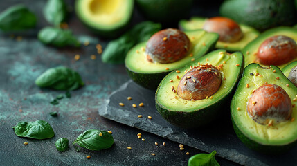 close-up view of several fresh halved avocados on a dark stone cooking background.