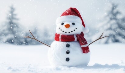 Fototapeta premium snowman with red hat and red scarf