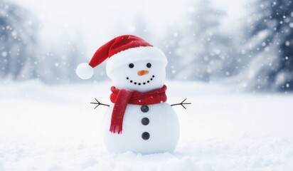 Fototapeta premium snowman with red hat and red scarf