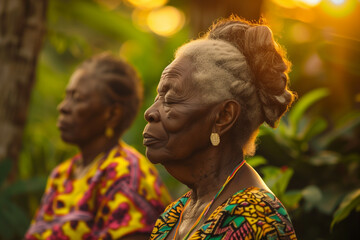 An evocative portrait of three elderly African women in traditional attire, reflecting in the golden hour light, surrounded by lush greenery, highlighting the beauty and dignity of aging