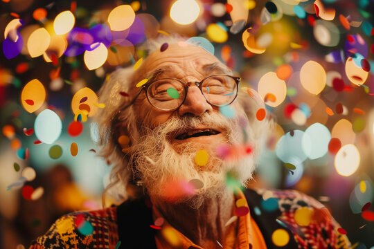 An elderly man with a joyous expression surrounded by colorful confetti in a celebration atmosphere, symbolizing happiness and the vibrant spirit of life, perfect for festive occasions