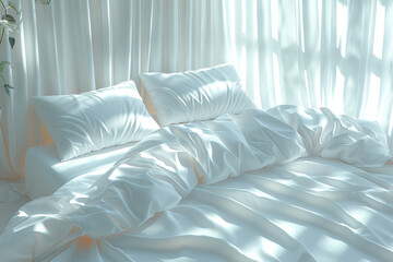 A freshly made bed with crisp, clean sheets. Concept of sleep and comfort. Generative Ai.
