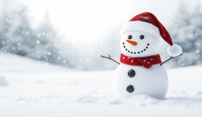 snowman with red hat and scarf background snow