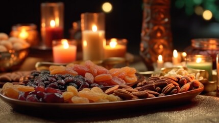 Naklejka premium various types of dried fruit and nuts neatly arranged on plates, some of them in small bowls. There are almonds, figs, dates and also apricots